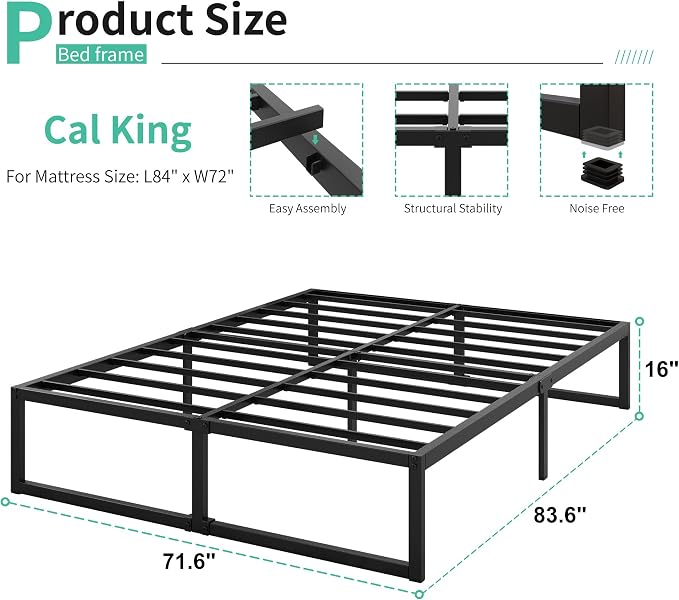 Lutown-Teen 16 Inch California King Bed Frames No Box Spring Needed Heavy Duty Metal Cal King Platform for Mattress Foundation, Noise Free, Easy Assembly, Black