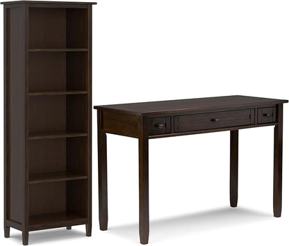 SIMPLIHOME Warm Shaker Desk and Bookcase Bundle - 48 inch Wide Solid Wood Transitional Desk with Drawers and 26 inch Wide 5-Shelf Bookcase in Brunette Brown, Home Office Furniture (Set of 2)