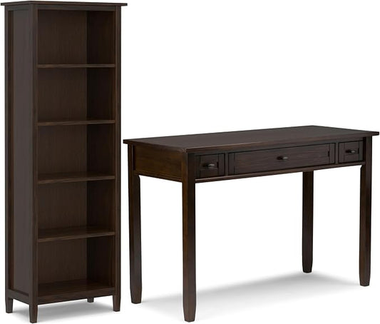 SIMPLIHOME Warm Shaker Desk and Bookcase Bundle - 48 inch Wide Solid Wood Transitional Desk with Drawers and 26 inch Wide 5-Shelf Bookcase in Brunette Brown, Home Office Furniture (Set of 2)