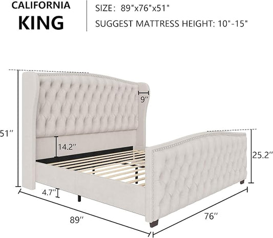 AMERLIFE California King Size Platform Bed Frame, Velvet Upholstered Bed with Deep Button Tufted & Nailhead Trim Wingback Headboard/No Box Spring Needed, Cream