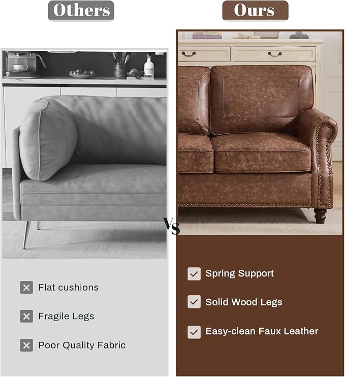 Kingfun Mid-Century Modern Couch, Faux Leather Sofa Set, 3 Seater Couch for Living Room with Rolled arms & Nailhead Trim, Dark Brown