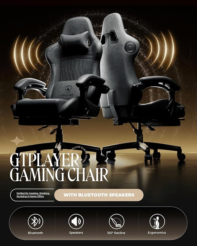 GTPLAYER Gaming Chair with Speakers, Video Game Chairs with Footrest, PC Gamer Chairs for Adults - Padded High Back Ergonomic Reclining Silla Gamer, Linkage Armrest, Ace Pro, Grey