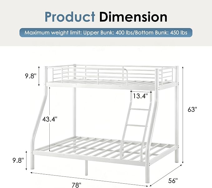Bunk Beds Twin Over Full Size, Heavy Duty Metal Bunk Bed Frame with Angled Ladder for Teens and Adults, for Spaces-Saving, Smooth Rounded Edges, Noise Free & Easy Assembly, White