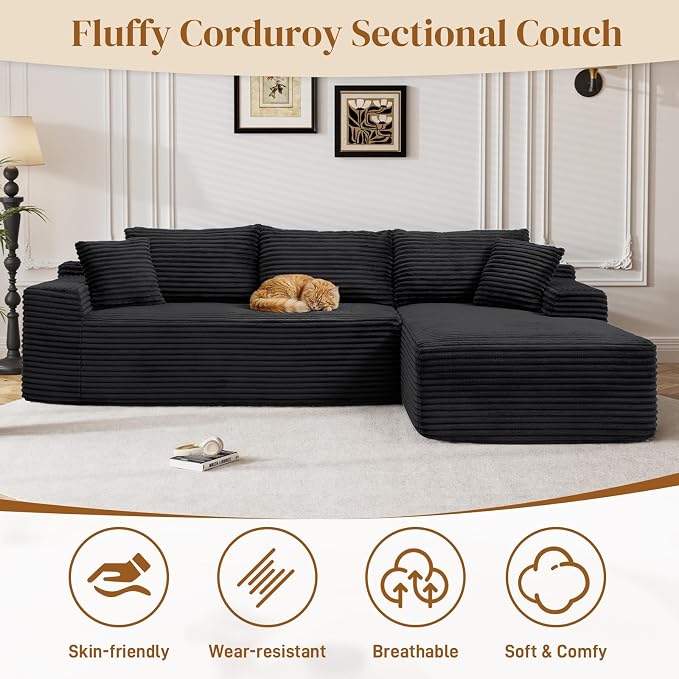 95" L Shaped Boneless Sectional Couches, Wide Armrest, Deep Seat, Memory Foam, Assembly Free, Modern Comfy Corduroy Fluffy Cloud Sofa with Right Chaise for Living Room, Small Spaces, Black