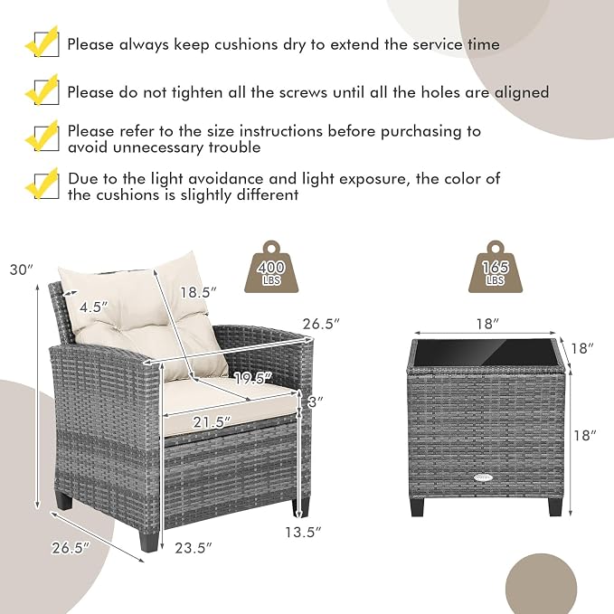 Tangkula 3 Pieces Patio Furniture Set, PE Rattan Wicker 3 Pcs Outdoor Sofa Set w/Washable Cushion and Tempered Glass Tabletop, Conversation Furniture for Garden Poolside Balcony (Mix Grey-White)
