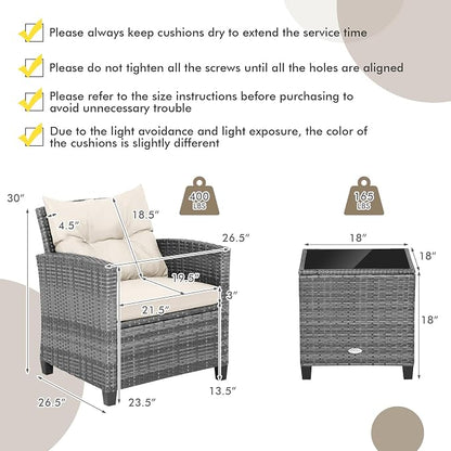 COSTWAY 3PCS Patio Furniture Set, PE Rattan Wicker Sofa w/Washable Cushion and Coffee Table, Tempered Glass Tabletop, Outdoor Conversation Set for Balcony, Porch, Yard, Backyard, Lawn (White)