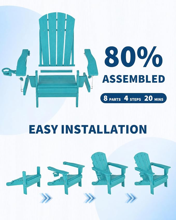 Garvee Folding Adirondack Chair Set of 2, HDPE Outdoor Patio Chair with Cup Holder, All Weather Resistent Wooden Textured for patios, Decks, Gardens, fire Pit, Lake Blue