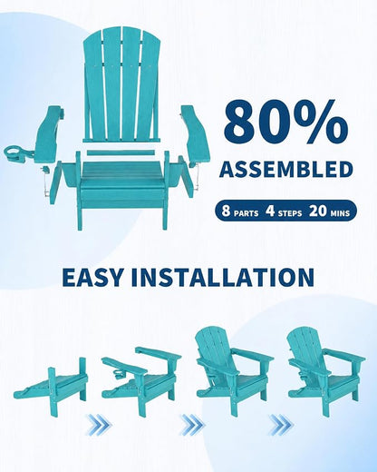 Garvee Folding Adirondack Chair Set of 2, HDPE Outdoor Patio Chair with Cup Holder, All Weather Resistent Wooden Textured for patios, Decks, Gardens, fire Pit, Lake Blue