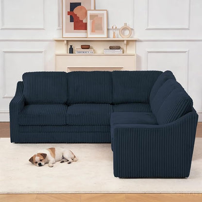 89 Inches Corduroy Sectional Sofa with High Density Sponge, Modern 5 Seats Corner Couch with Deep Seat, Comfy Modular L Shaped Couch with Comfortable Back Cushions for Living Room, Blue
