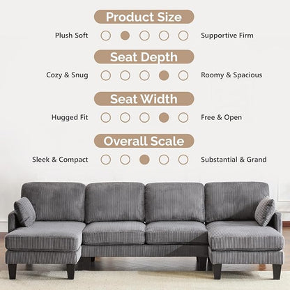 VINGLI 108" W U-Shaped Sectional Couches for Living Room, Sturdy Wooden Armrest Corduroy Cloud Couch with Double Chaise, High Support Modern 4-Seat Sectional Sofa for Apartment, Offices, Dark Grey