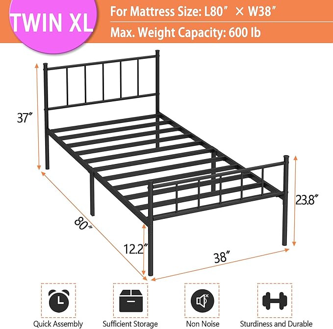 DIIYIV Twin XL Metal Bed Frame,Steel Slat Support,Noise Free,Easy Assembly | Twin XL Size Bed,Mattress Foundation,Underbed Storage,No Box Spring Needed