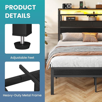 Sweetcrispy Bed Frame Full Size with LED Lights and Charging Station, Sturdy Platform Beds Frame with Storage Drawers, 3-Tier Shelves and Under Bed Storage, No Box Spring Needed, Black