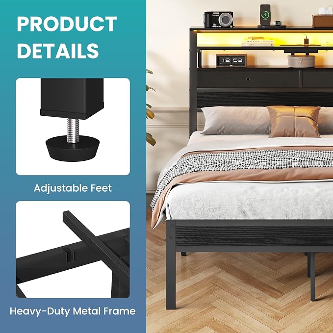 Sweetcrispy Bed Frame Queen Size with LED Lights and Charging Station, Sturdy Platform Beds Frame with Storage Drawers, 3-Tier Shelves and Under Bed Storage, No Box Spring Needed, Black