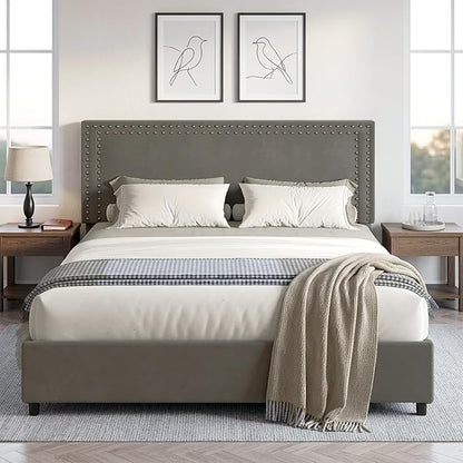 VECELO Full Size Upholstered Bed Frames with 4 Storage Drawers, Adjustable Velvet Rivet Decor Headboard, Wooden Slats Platform Support, No Box Spring Needed, Easy Assembly,Dark Grey