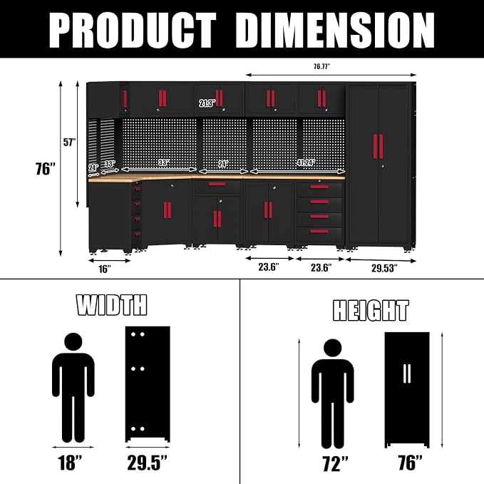 Garage Storage Cabinet System,16PCS Garage Cabinets and Storage System Corner Workshop Set with Corner Cabinet, Cabinet Drawers, Workbench, Pegboard for Tool Organization, Black Red