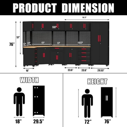 Garage Storage Cabinet System,16PCS Garage Cabinets and Storage System Corner Workshop Set with Corner Cabinet, Cabinet Drawers, Workbench, Pegboard for Tool Organization, Black Red