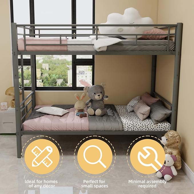 Metal Twin Over Twin Bunk Bed, Heavy-Duty Metal Bunk Bed, Noise Reduced Design/Safety Guardrail/2 Side Ladders/No Box Spring Needed (Silver)