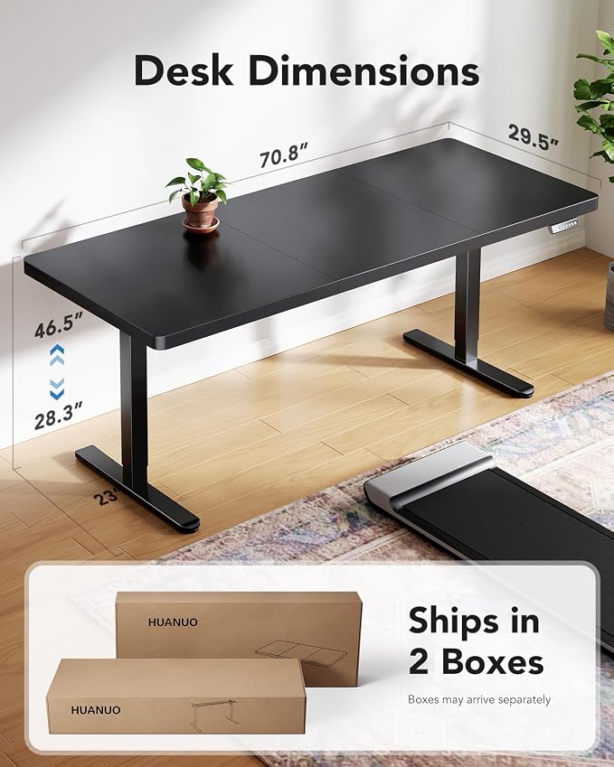 HUANUO 71x30 Inch Large Electric Standing Desk, Height Adjustable, Black | Spacious Gaming Electric Desk, 220lbs Carbon Steel Frame with <55dB Brushless Motor & 4 Height Presets. Ships in 2 Packages