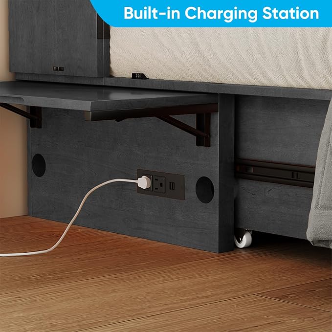PUREMIND Murphy Bed Queen - Solid Wood - Hideaway Cabinet Bed with Storage Drawers, USB Charging Ports - Space Saving Wallbed for Home, Guest Room, No Mattress Included, Gray