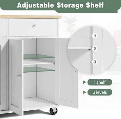 JY QAQA 39" Rolling Kitchen Island Cart on Wheels, Mobile Storage Cabinet with 2 Drawers & Double Door Cabinet, Cart Handle for Towel Rack or Free Mobility, Portable Islands for Kitchen, White
