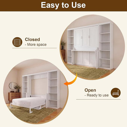 Olela Murphy Bed Queen Size with Small Desk and Bookcase, Vertical Murphy Wall Bed Cabinet Desk and Bookshelf Storage Combo, Space Saving Hideaway Beds for Home Office Guest Room, White