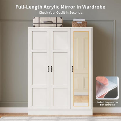 Yanosaku 3-Door Armoire Wardrobe Closet with Full Length Acrylic Mirror, Armoire with Adjustable Shelves & Hanging Rod, Freestanding Storage Cabinet for Bedroom, White