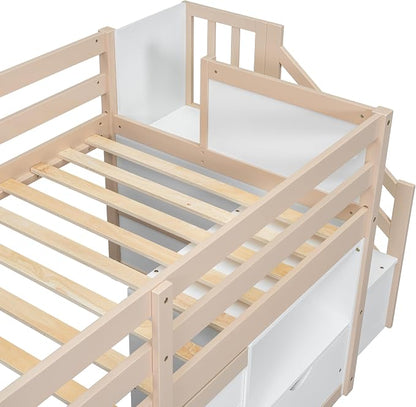 Bellemave Twin Size Low loft Bed for Kids,Wood Loft Beds,Modern Farmhouse Twin loft Bed,Loft Bed with Desk and Storage, No Box Spring Needed,for Kids, Cream White and Natural