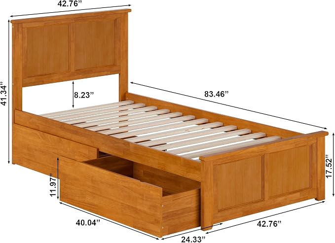 AFI, Madison Twin XL Platform Bed with Matching Footboard & Storage Drawers, Light Toffee