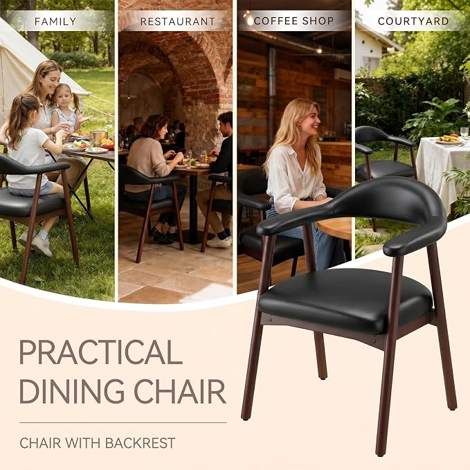 MALOL Leather Dining Chair with Armrest Set of 6, Upholstered Dining Room Chair with Curved Back and Wood Legs, Mid Century Modern Kitchen Chairs for Kitchen Dining Room,Black