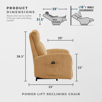 Lexicon Power Lift Recliner Chair for Elderly with Remote Control, Gentle Lift Motion, Side Pocket Armrest, Corduroy Upholstered Electric Recliner for Living Room/Bedroom, Easy Assembly, Yellow