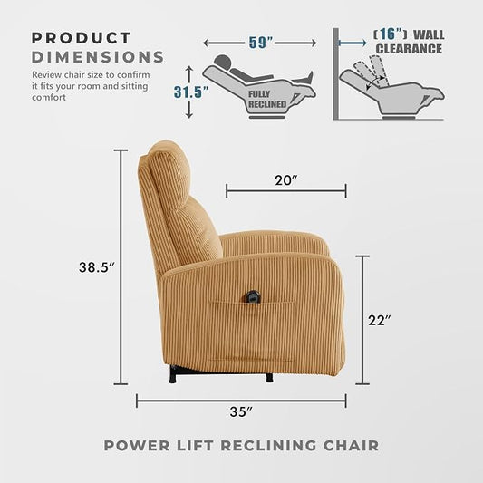 Lexicon Power Lift Recliner Chair for Elderly with Remote Control, Gentle Lift Motion, Side Pocket Armrest, Corduroy Upholstered Electric Recliner for Living Room/Bedroom, Easy Assembly, Yellow