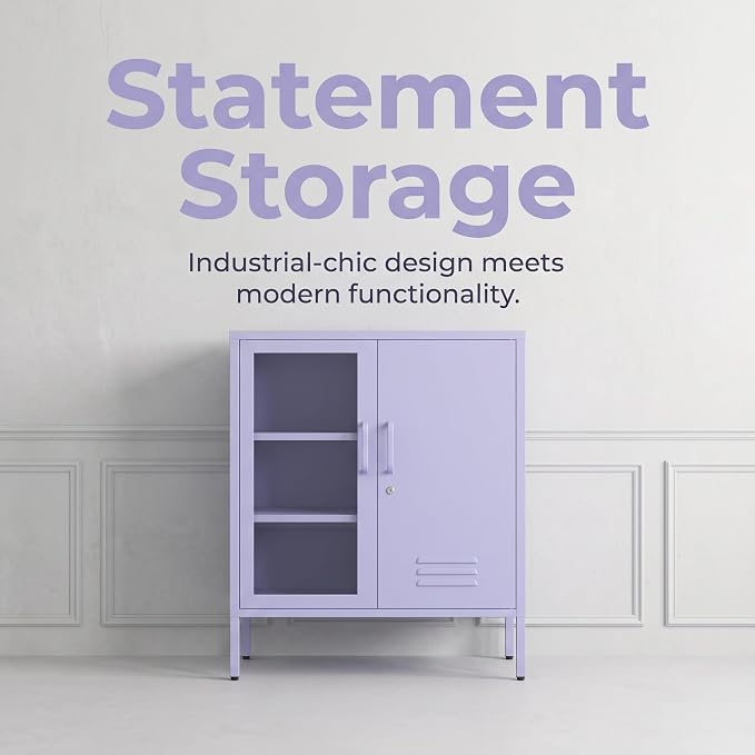 33" Tall Purple Metal Locker Storage Cabinet with Lock Left Glass Door and Right Metal Door 2 Adjustable Shelves Steel Storage Organizer for Foyer Living Room Size：33" H X 29.5" W X 13.8" D