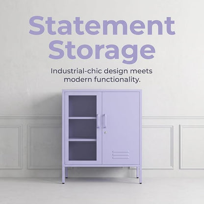 33" Tall Purple Metal Locker Storage Cabinet with Lock Left Glass Door and Right Metal Door 2 Adjustable Shelves Steel Storage Organizer for Foyer Living Room Size：33" H X 29.5" W X 13.8" D