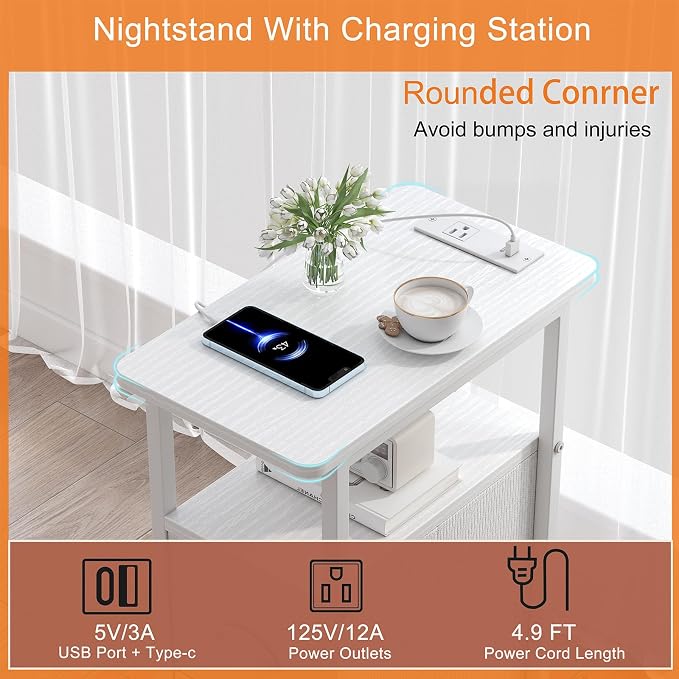 sthmec Narrow End Table with Charging Station, Narrow Side Table with 2 Fabric Drawers, Slim Nightstand, Skinny Bedside Table, Small Side Table for Small Spaces, Living Room, Bedroom, White