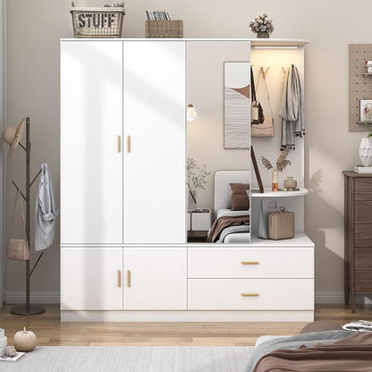 XVD Armoire Wardrobe Closet with Mirror & Sensor Light, Bedroom Armoire with 5 Doors & 2 Drawers, Modern Wooden Large Wardrobe Closet with Shelves, 4 Metal Hooks, 2 Hanging Roods, Open Space, White