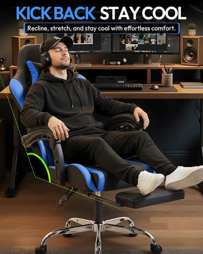 Dowinx Ergonomic Gaming Chair with Footrest & Massage Lumbar, 2D-Linkage Armrests for Computer Chair 330lbs with Headrest Pillow for Office, Home, Streaming and Long Gaming Sessions, Blue