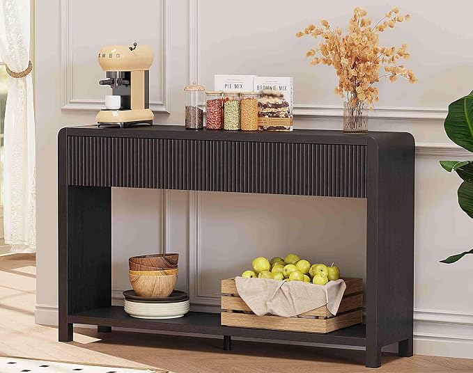 FATORRI Console Table for Entryway, 47.2 inch Modern Sofa Table with 2 Drawers for Living Room, Wood Hallway Tables and Couch Tables Behind Sofa, Black