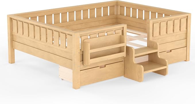 Bellemave Full Size Kids Montessori Bed with Stairs and Bookshelf,Solid Wood Full Size Kids Bed Frame with Drawers and Storage for Girls Boys,Low-Profile,Light Natural