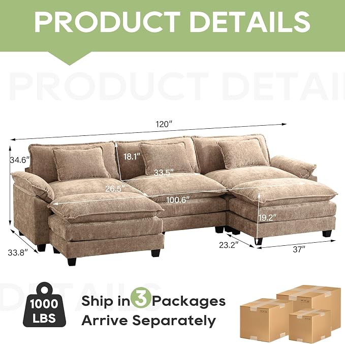 Oprisen 120" Modular Sectional Sofa, Comfy Cloud Couch Sectional Sofa with Ottoman, Chenille Sofa Sleeper Deep Seat Sofa with Throw Pillows for Living Room (Khaki, 120"- U Shape)