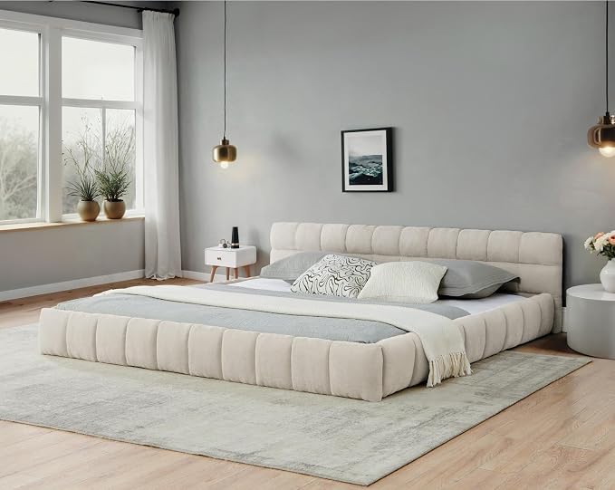 KEIKI California King Thick Chenille Platform Bed Frame with Upholstered Tufted Headboard, Modern Solid Wood Floor Platform for Bedroom, No Box Spring Needed