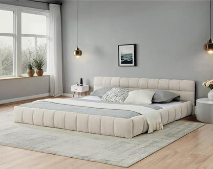 KEIKI California King Thick Chenille Platform Bed Frame with Upholstered Tufted Headboard, Modern Solid Wood Floor Platform for Bedroom, No Box Spring Needed