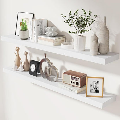 fuqing White Floating Shelves 48 Inch Set of 2, Solid Wood Wall Mounted Shelves 48 Inches Long, Modern Floating Shelves for Bedroom Living Room Bathroom - White