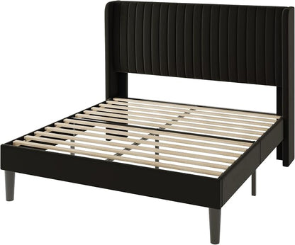 Allewie Queen Size Velvet Bed Frame/Vertical Channel Tufted Wingback Headboard/Upholstered Platform Bed/Strong Wooden Slats/No Box Spring Needed/Easy Assembly/Black