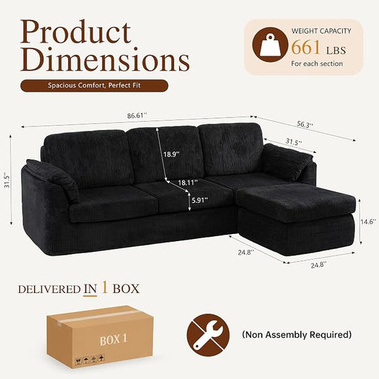 Sectional Couches for Living Room Cloud Couch with Ottoman, Upholstered Boneless Couches Modern Modular L Shaped Couch 3 Seater Sofa, No Assembly, Washable Covers, Black