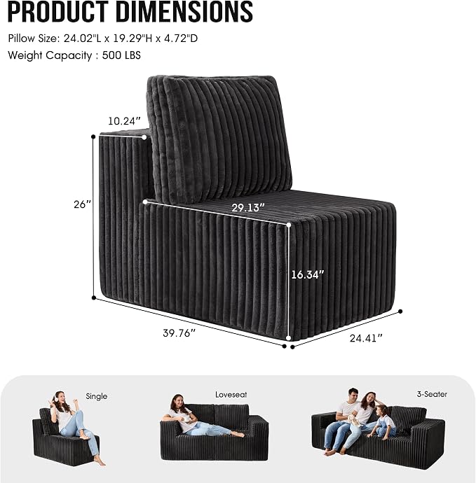 Single Sofa 1 Seat Couch with Deep Seat Memory Foam Cloud Chair with Pillows Large Sofa with L Shape for Living Room Bedroom (Strip Grey, Single)