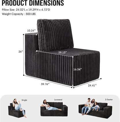 Single Sofa 1 Seat Couch with Deep Seat Memory Foam Cloud Chair with Pillows Large Sofa with L Shape for Living Room Bedroom (Strip Grey, Single)