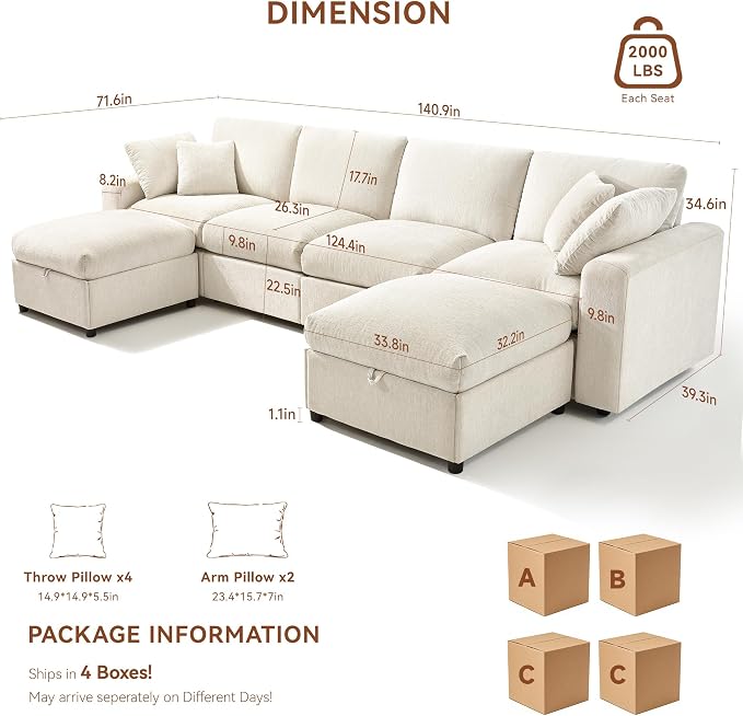 Ihanherry 141" Oversized Cloud Sectional Couches for Living Room, Modular Sectional Sofa with Wide Deep Seat, U Shaped Couch with Throw Pillow and Storage Ottoman, Beige