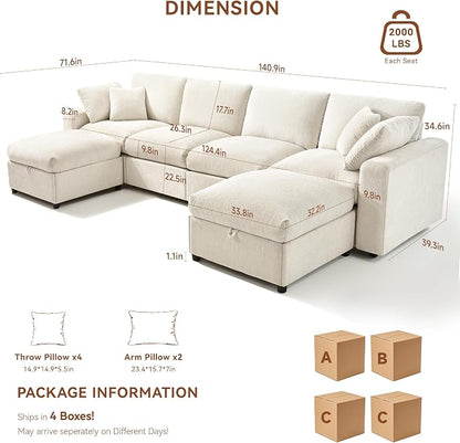 Ihanherry 141" Oversized Cloud Sectional Couches for Living Room, Modular Sectional Sofa with Wide Deep Seat, U Shaped Couch with Throw Pillow and Storage Ottoman, Beige