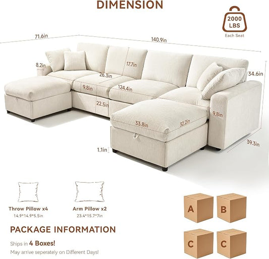 Ihanherry 141" Oversized Cloud Sectional Couches for Living Room, Modular Sectional Sofa with Wide Deep Seat, U Shaped Couch with Throw Pillow and Storage Ottoman, Beige