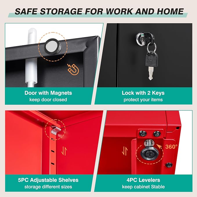 SISESOL Wide & Deep Metal Storage Cabinet with 5 Shelves,72" Tall Red Garage Storage Cabinet with Lock,Metal Cabinets with Locking Doors,Lockable Steel Cabinets for Home,Office,Shop,Garage,72x36x18